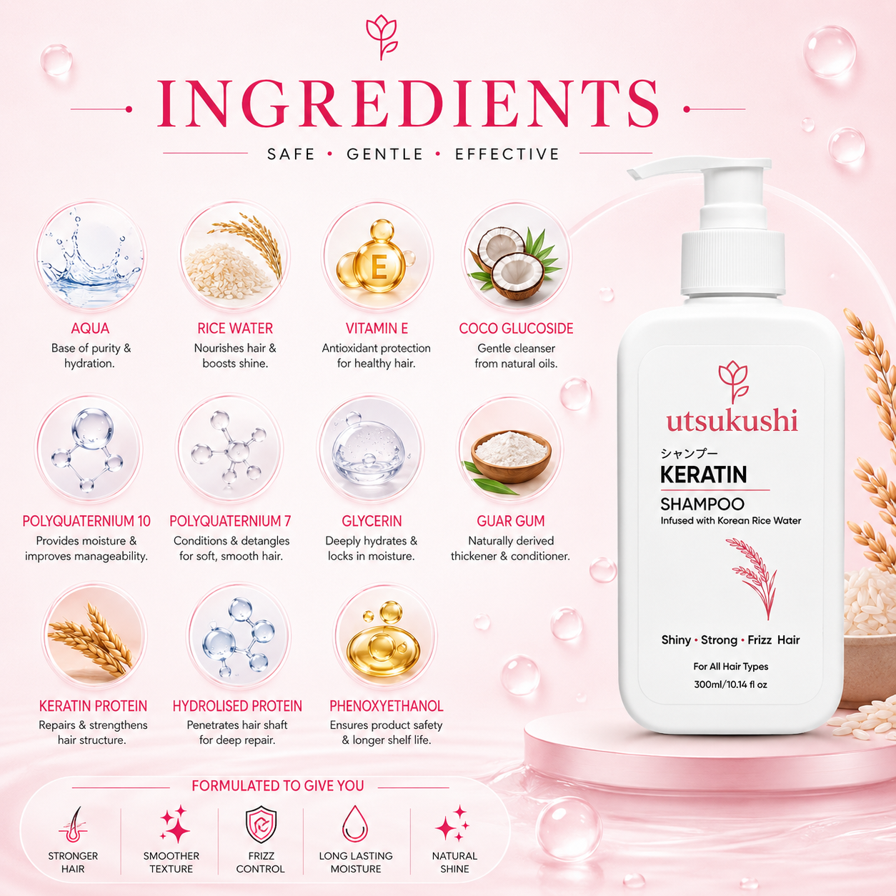 Keratin Shampoo for Smooth, Strong & Frizz-Free Hair | Korean Rice Water