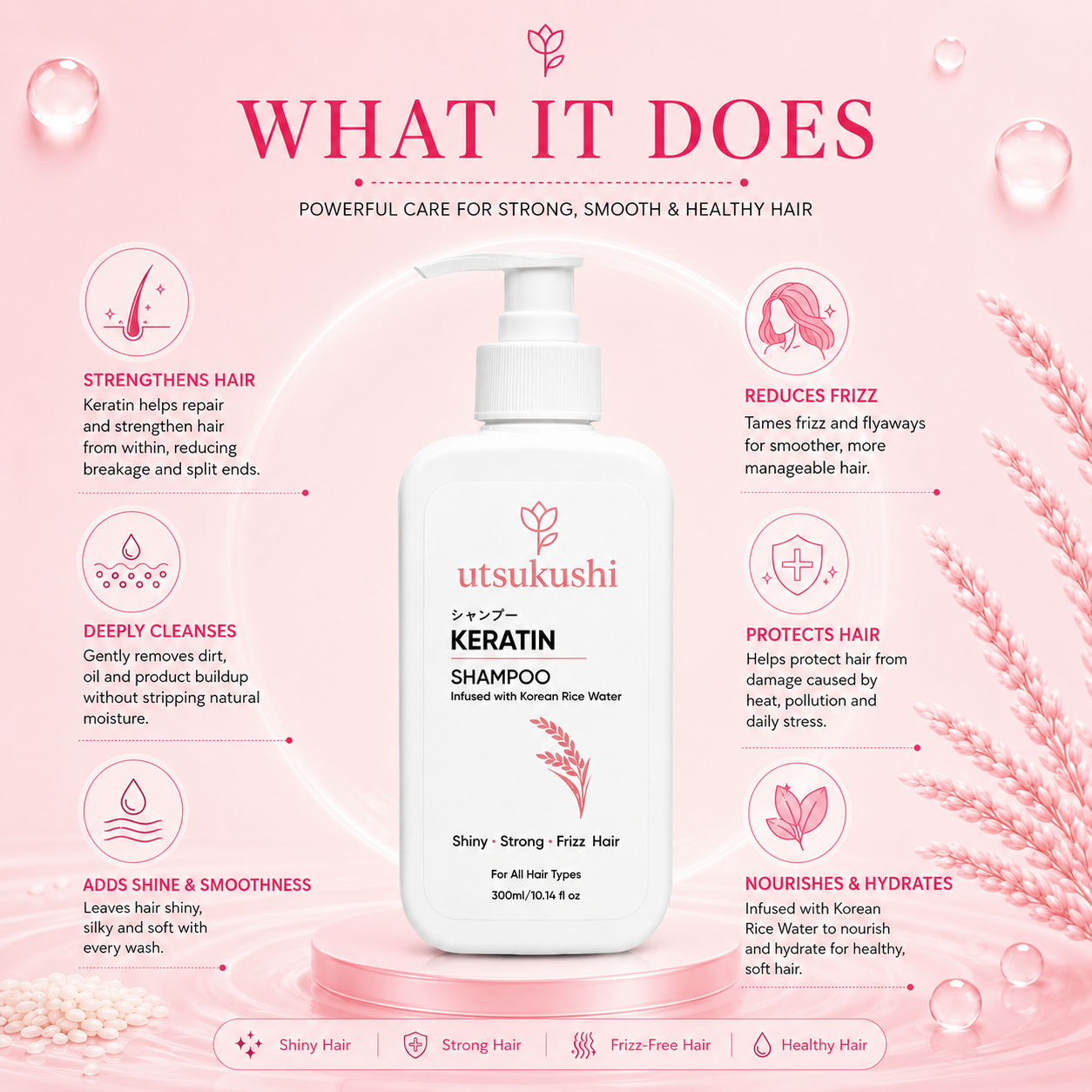 Keratin Shampoo for Smooth, Strong & Frizz-Free Hair | Korean Rice Water
